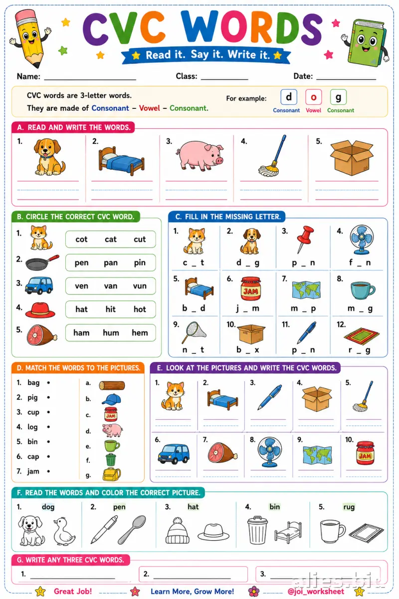 Free Printable CVC Word Worksheets For Kindergarten #4