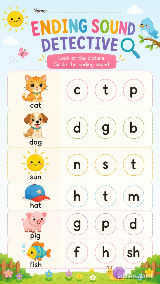 Ending Sounds Worksheet Printable #7