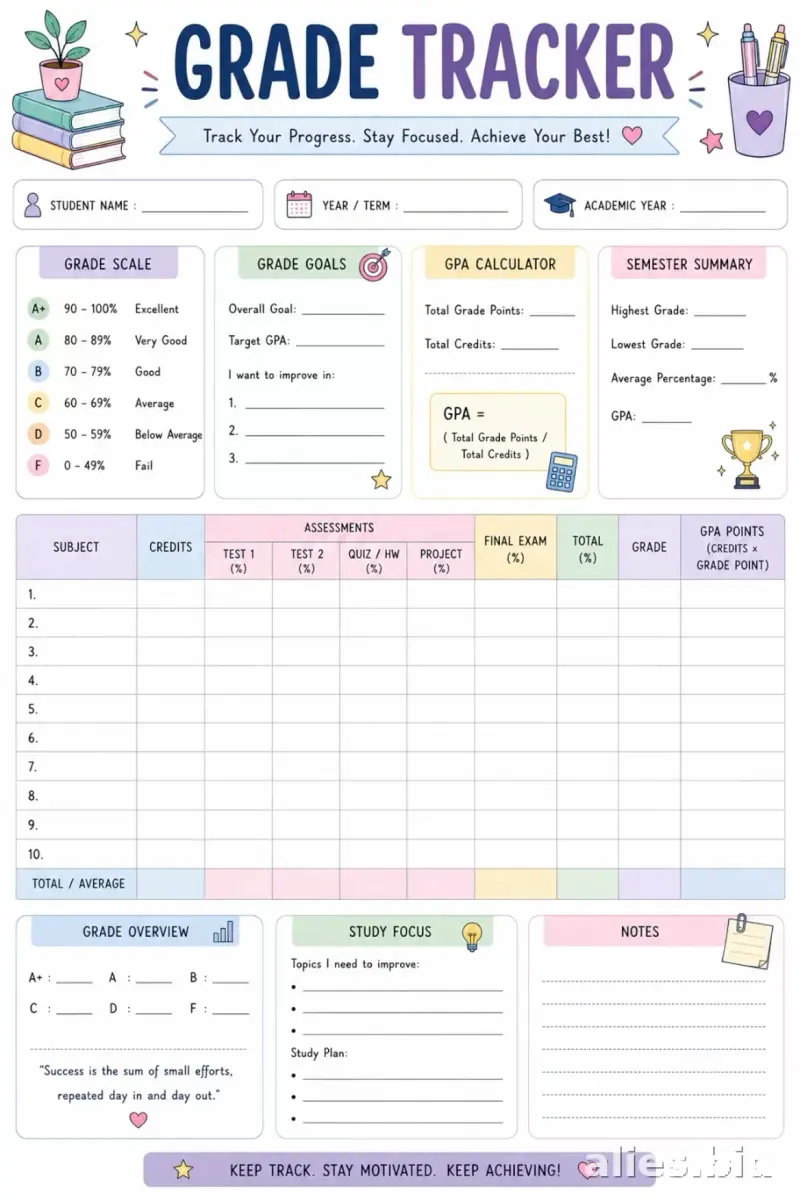 Free Printable Grade Tracker Template For Kids Free Worksheet #7