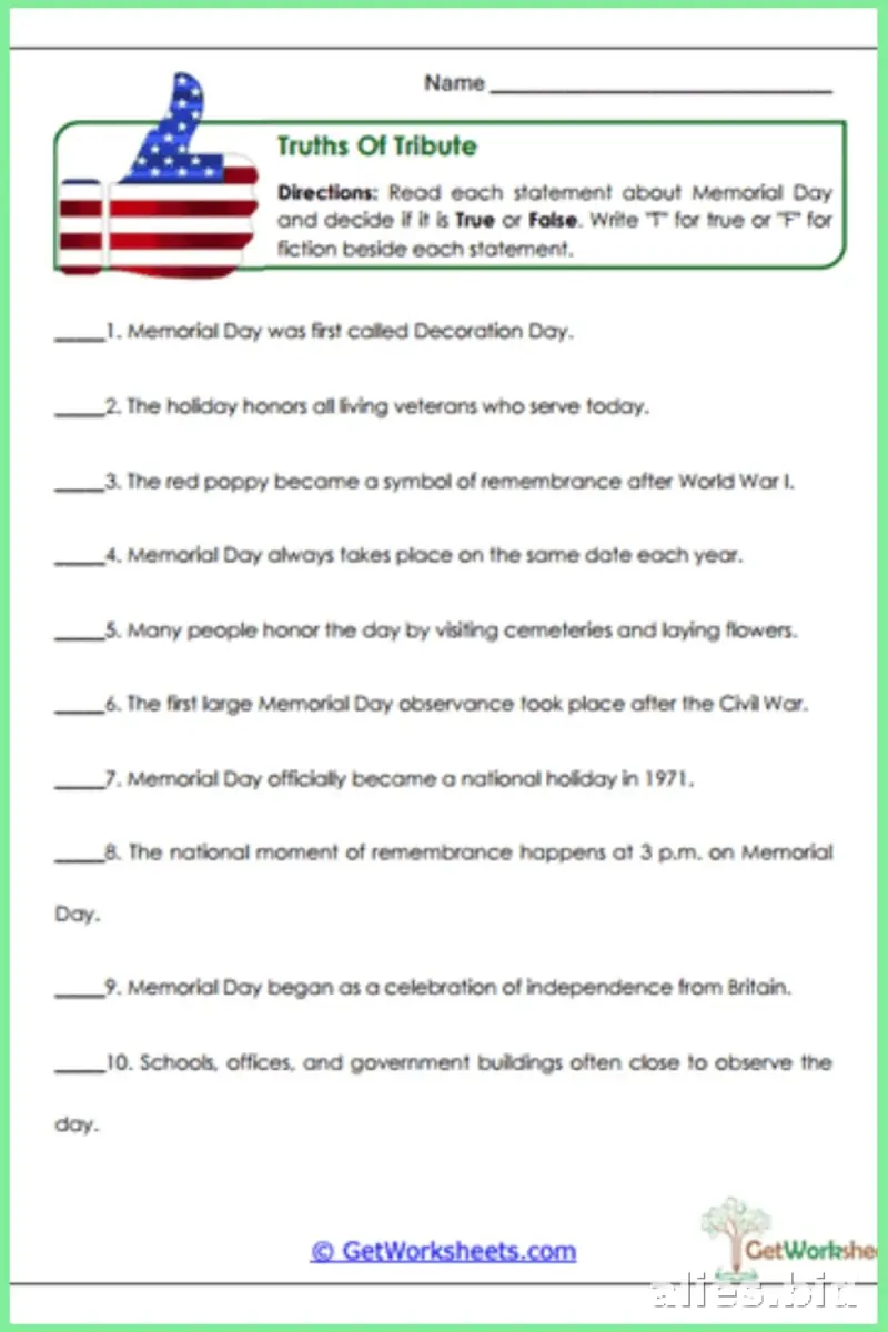 Free Printable Memorial Day Worksheet Free #5