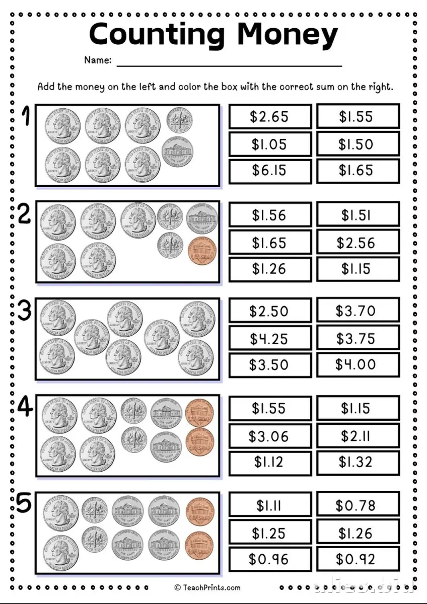 Money Counting Worksheets for Kids