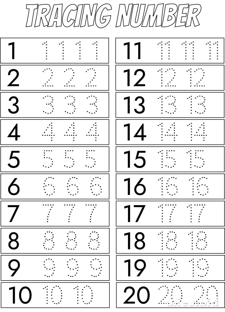 Number Tracing Worksheets 1-20 Printable #8