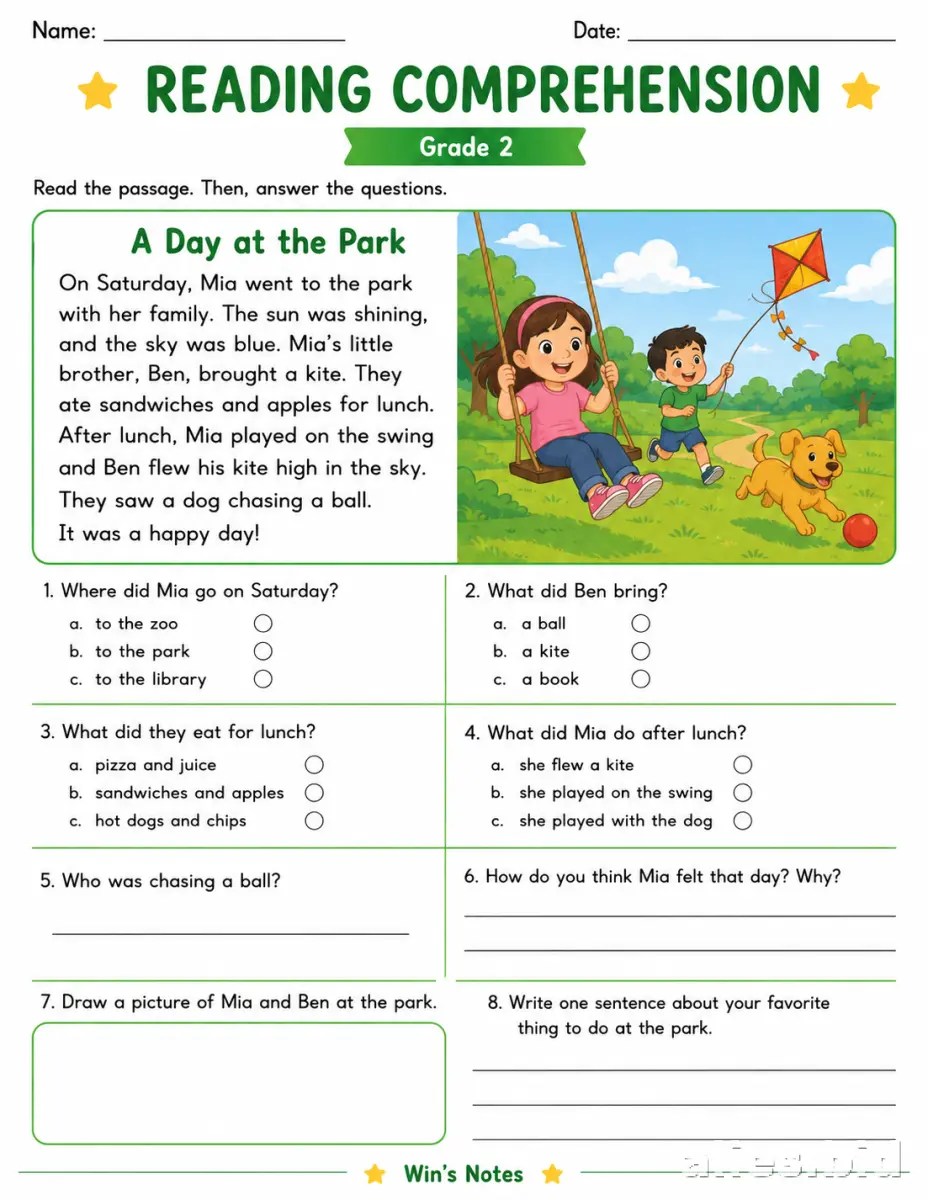 Free Printable Reading Comprehension Worksheet Grade 2 #5