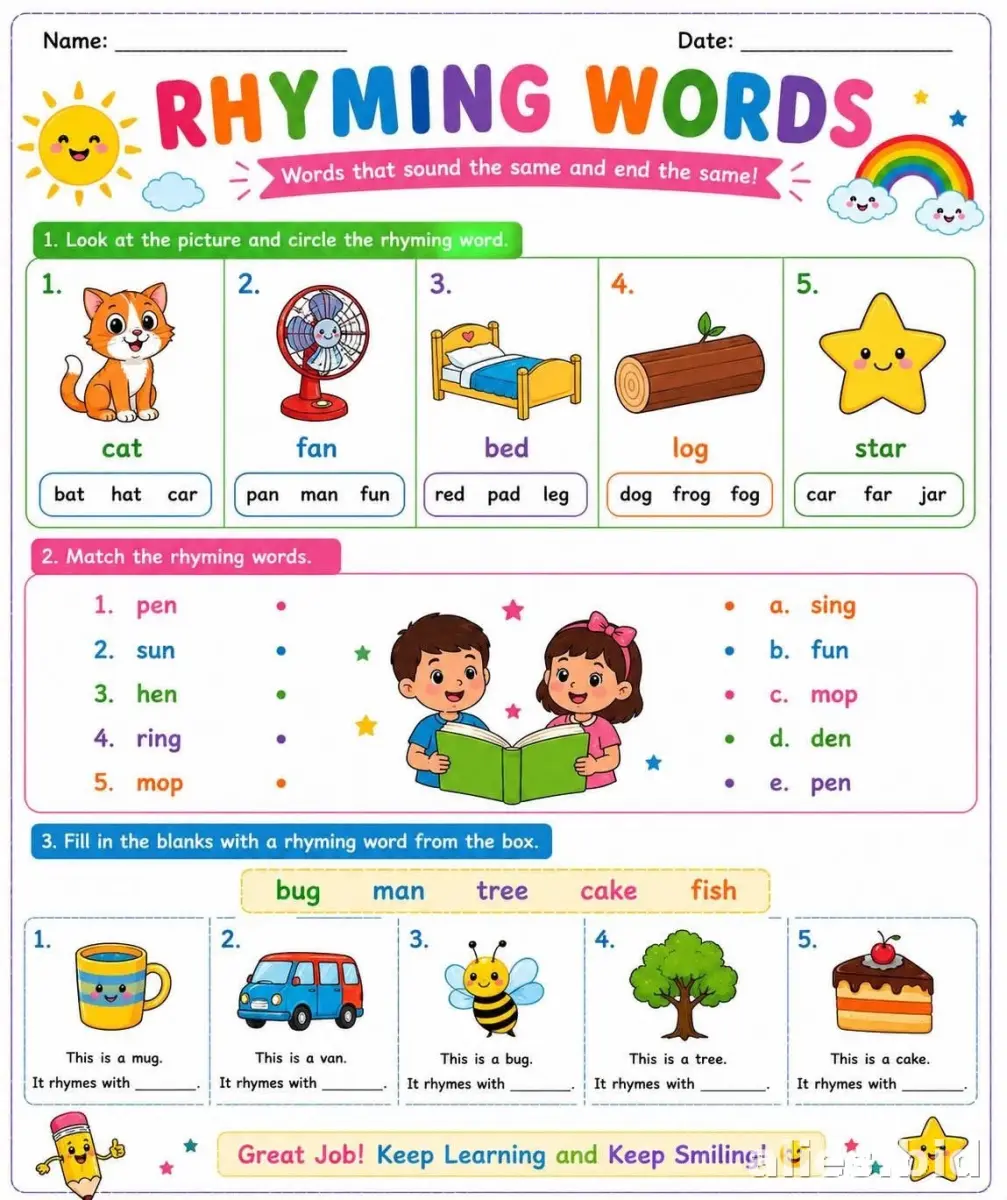 Free Printable Rhyming Words Worksheet For Kids #6