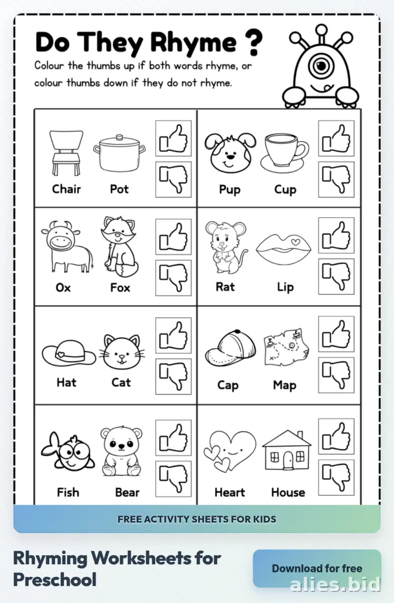 Free Printable Rhyming Words Worksheet For Kids #13