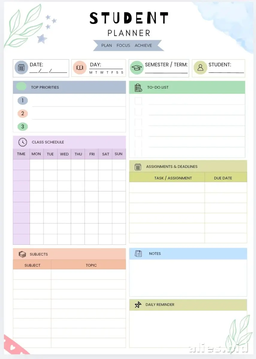 Free Printable Student Planner Template Free Print Worksheet #11