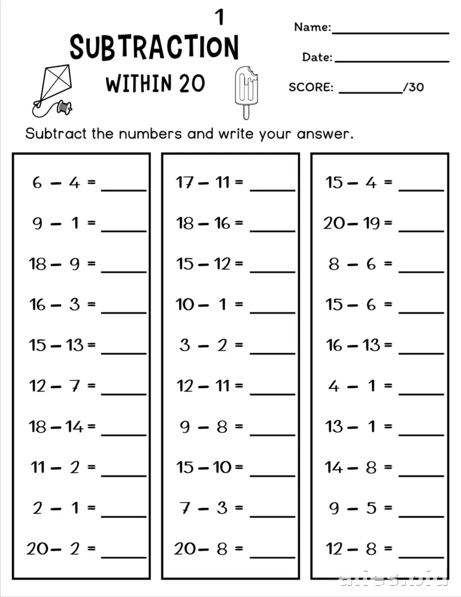 Free Printable Subtraction Worksheets For 1st Grade #16