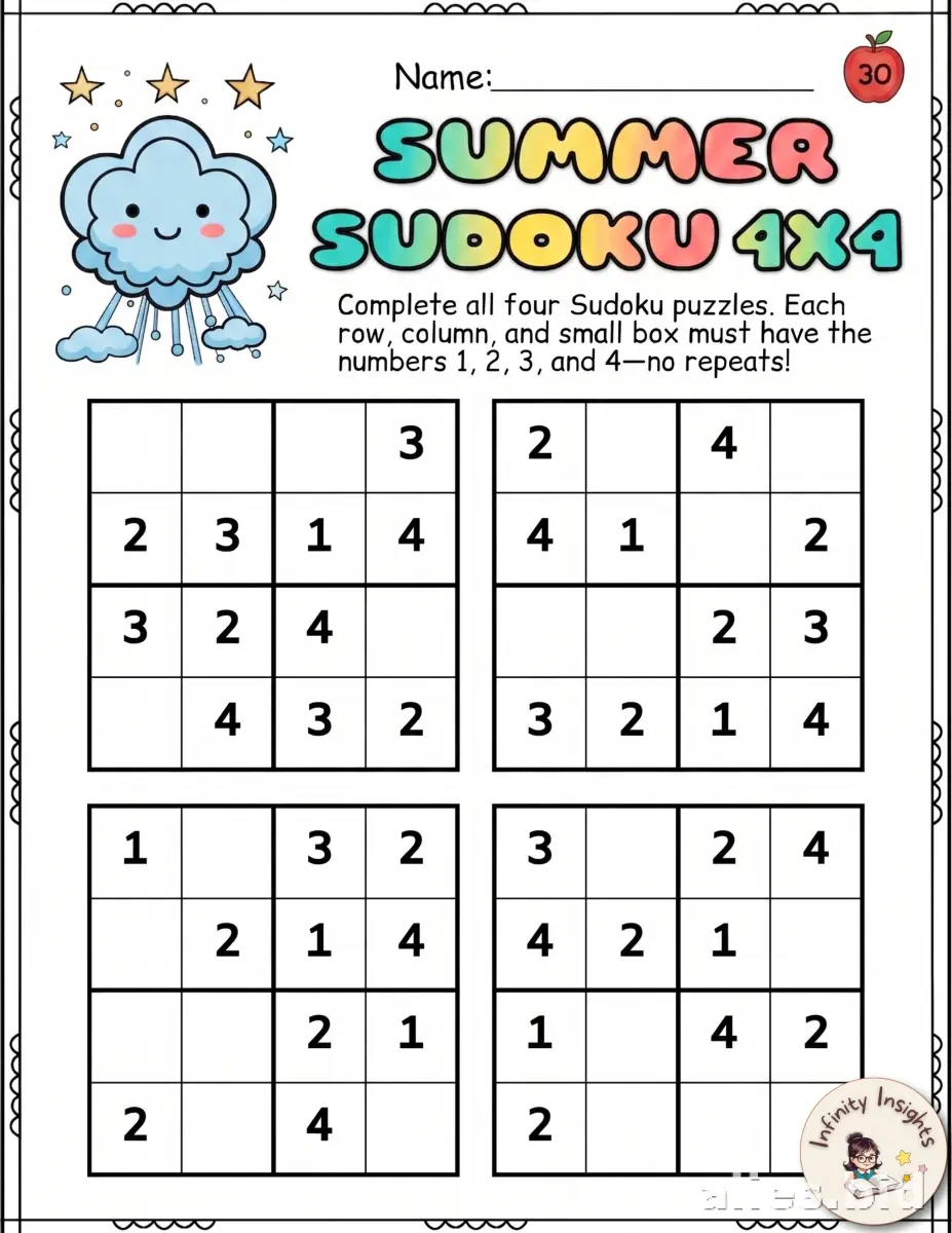 Free Printable Sudoku Puzzle Worksheet For Kids #8
